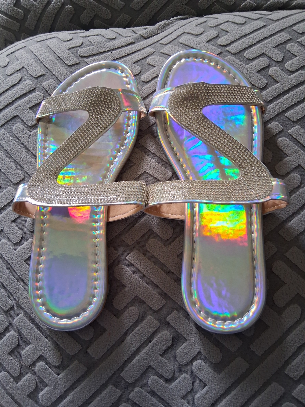 Women’s Holographic Silver Slip-On Sandals with Rhinestone Strap